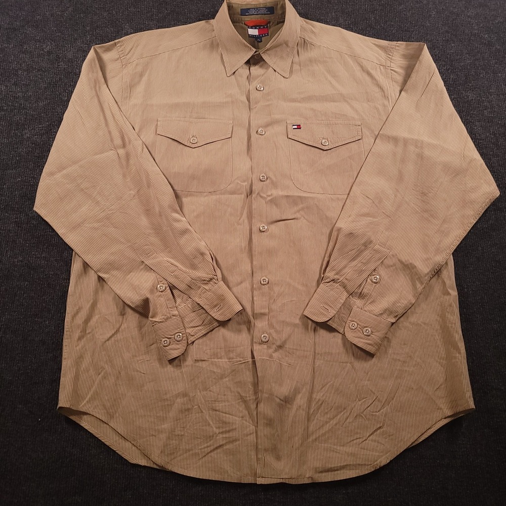 Vintage‎ Tommy Hilfiger Men Long Sleeve Button Shirt Medium Tan Pinstripe Cotton - Picture 2 of 8